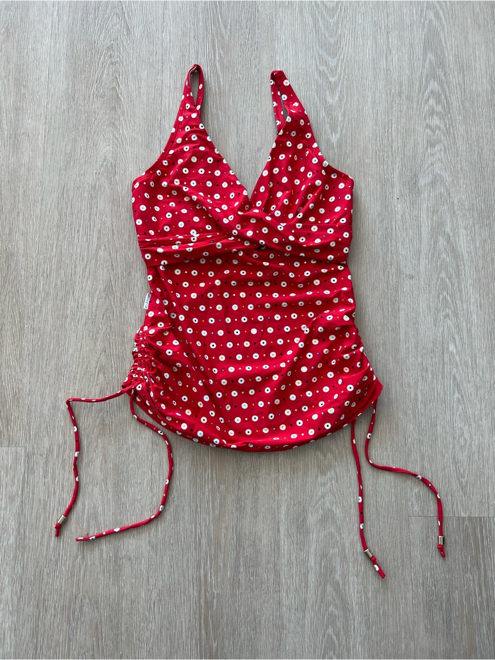 Captiva Red Polka Dot Women’s Size Small Summer Beach Swimsuit Tankini Top -FLAW